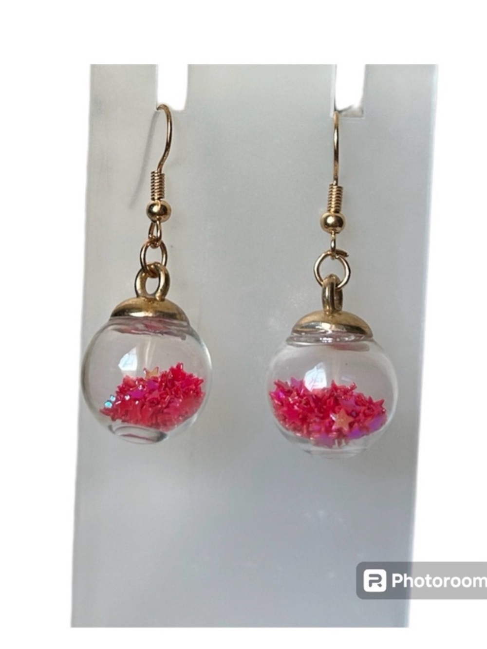 Pink Star Glitter Glass Globe Dangle Earrings Gold Tone Fish Hook Drop Jewelry